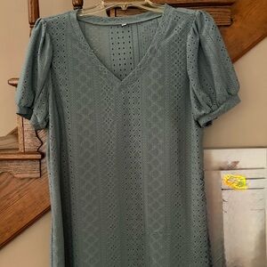 Green Eyelet V-Neck Blouse